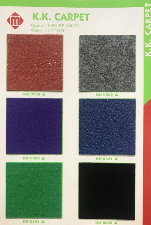 有膠膜面展覽地毯 KK Carpet Quality: 100% P.P.(阻燃) Width: 6'7" (2M) Made in China 中國製造